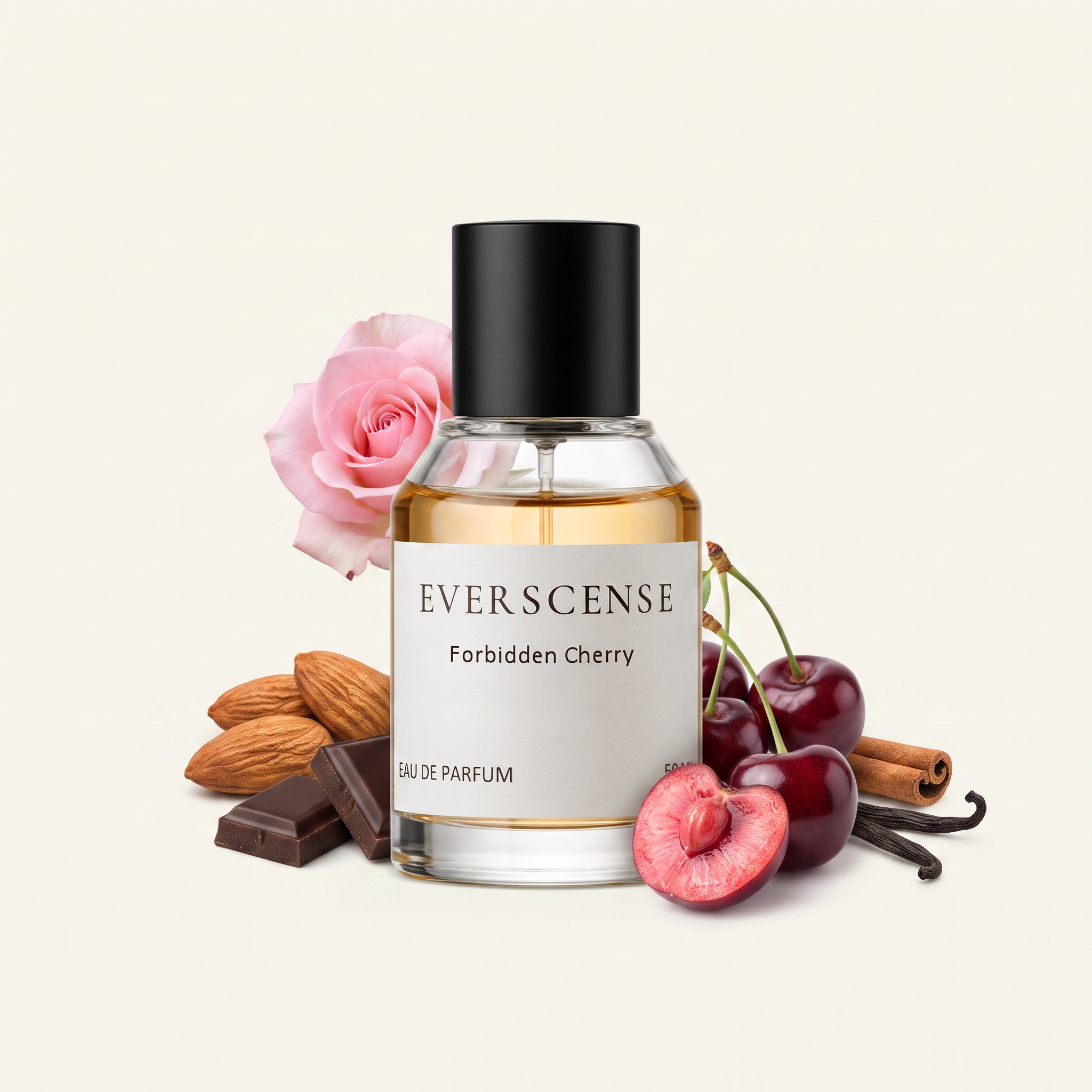 Forbidden Cherry eau de parfum van Everscense met zwarte kersen, amandel, chocolade, roos, kaneel en vanille