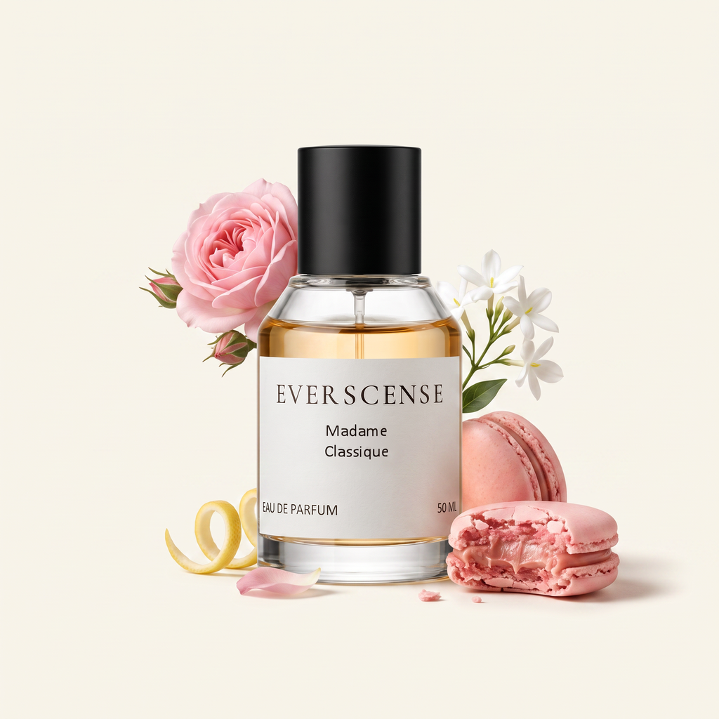 Madame Classique eau de parfum van Everscense met roos, jasmijn, citroenzest en roze macarons